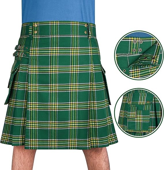 Irish Green tartan utility kilt in rich emerald tones
