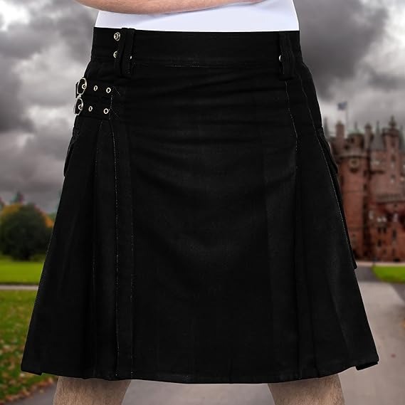 Black utility work kilt with reinforced pockets for trades