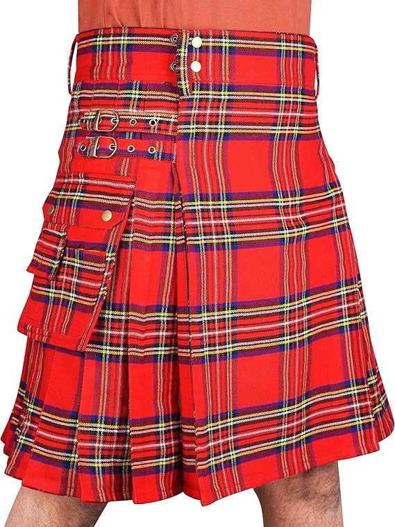 Royal Stuart tartan in red, green, and yellow on a utility kilt